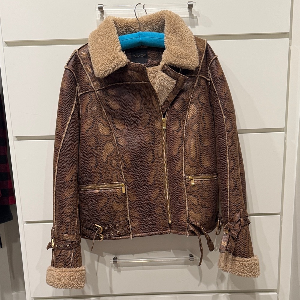 Brown Faux Leather Bomber Jacket Shearling Lining and shimmery python print